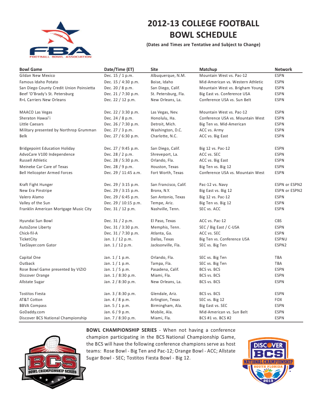 Complete 20122013 College Football Bowl Schedule Released