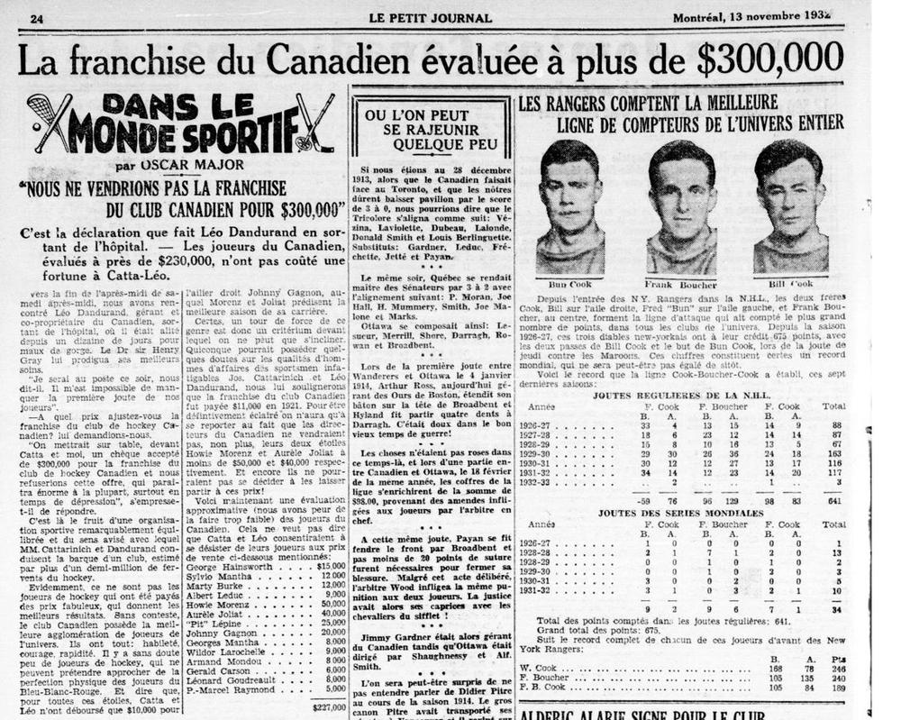 Le Petit Journal article, November 13, 1932: La franchise du Canadien évaluée à plus de $300,000.