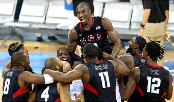 Team U.S.A., the 'Redeem Team,' celebrates after winning a gold medal in the 2008 Olympics in Beijing, China.