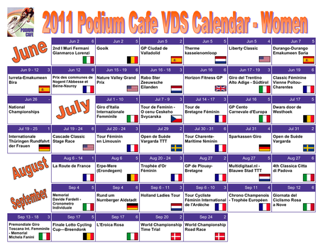The Podium Cafe 2011 Women's Race Calendar, page 2.