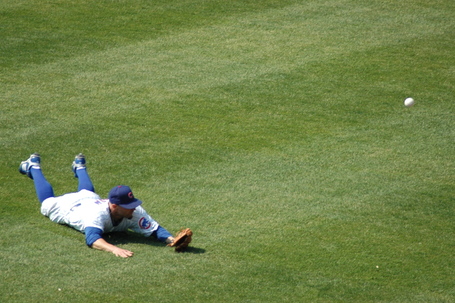 Reed Johnson dives for and misses Jose Bautista's fly ball